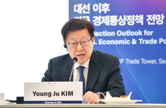 김영주 한국무역협회 회장이 10일 서울 삼성동 트레이드타워에서 화상으로 개최한 '대선 이후 미국 경제통상정책 전망 간담회'에서 인사말을 하고 있다. <무역협회 제공>